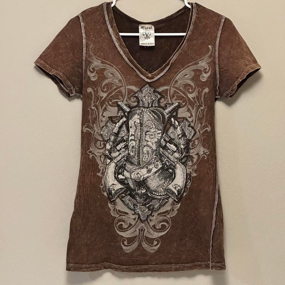 Vintage Vocal Brown Fitted Western‎ Rhinestones Cowgirl Y2K Shirt Made USA Large